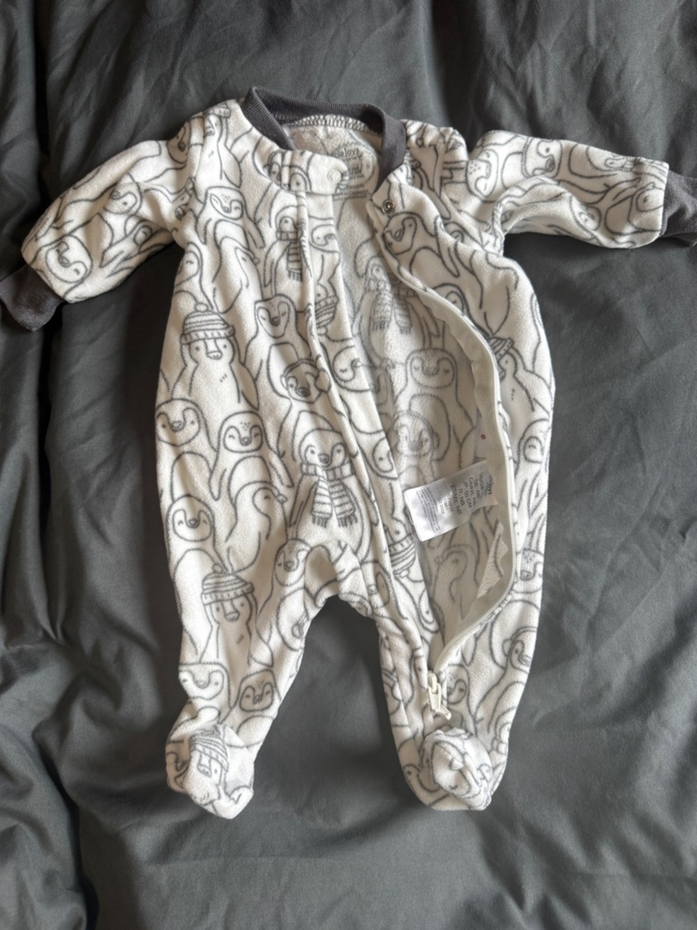 Carter's White and Gray Penguin Fleece Footed One-Piece